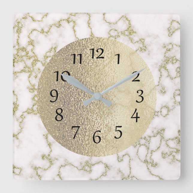 Elegant White Marble and Gold Square Wall Clock (Front)