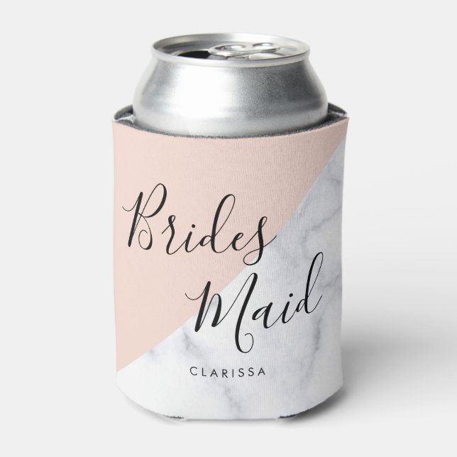 Elegant white marble & blush pink bridesmaid can cooler (Can Front)