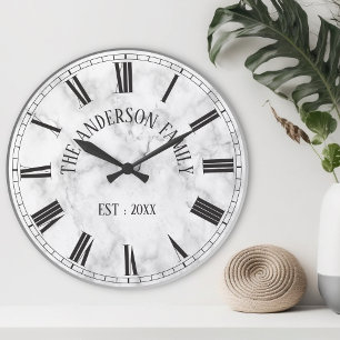 Elegant White Marble Custom Family Name Stylish Round Clock