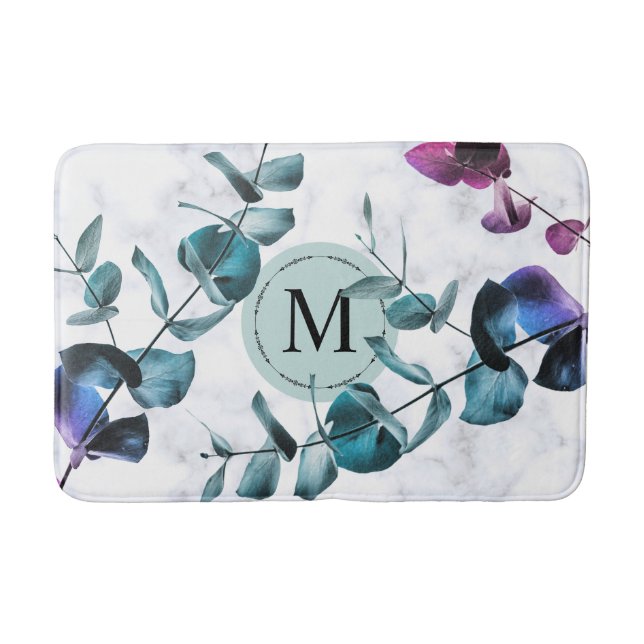 Elegant white marble eucalyptus foliage monogram bath mat (Front)