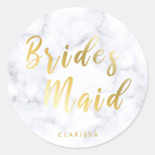 Elegant white marble & gold bridesmaid classic round sticker