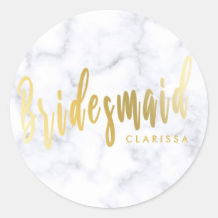 Elegant white marble & gold bridesmaid classic round sticker