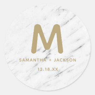 Elegant White Marble & Gold Foil Monogram Wedding Classic Round Sticker