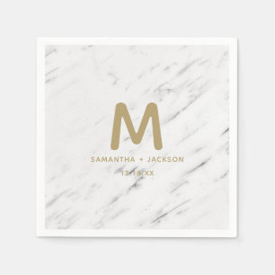 Elegant White Marble & Gold Foil Wedding Monogram Napkin