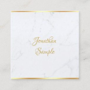 Elegant White Marble Gold Modern Script Template Square Business Card