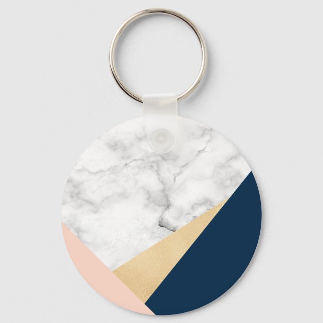 elegant white marble gold peach blue colour block keychain (Front)