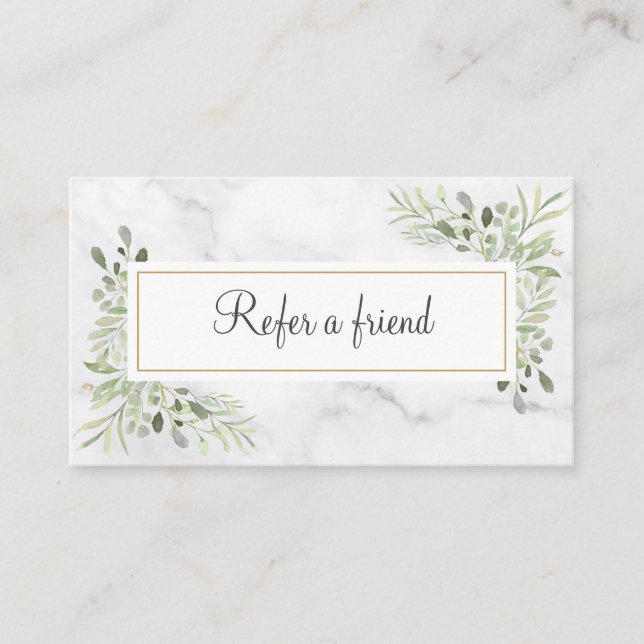 Elegant White Marble Greenery Leaves Referral Card (Front)