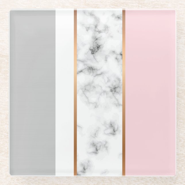 Elegant White Marble Grey Pink Glass Coaster (Front)