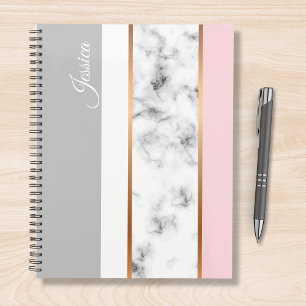 Elegant White Marble Grey Pink Personalized Name Planner