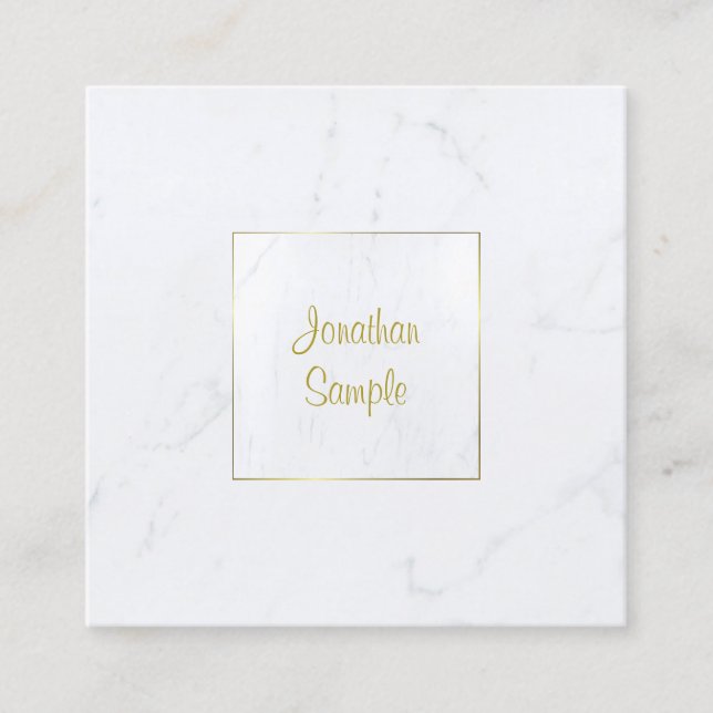 Elegant White Marble Luxurious Plain Gold Script Square Business Card (Front)