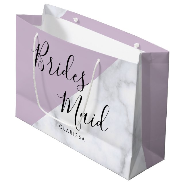 Elegant white marble & pastel purple bridesmaid large gift bag (Front Angled)