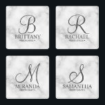 Elegant White Marble Personalized Bridesmaid Coaster Set<br><div class="desc">Elegant Personalized Bridesmaid Gifts
featuring personalized monogram in grey elegant script font style with bridesmaid's name and title in grey classic serif font style on white marble background.

Also perfect for Maid of Honour,  Flower Girl,  Mother of the Bride and more.</div>
