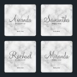 Elegant White Marble Personalized Bridesmaids Coaster Set<br><div class="desc">Elegant Personalized Bridesmaids Gifts
featuring personalized bridesmaid's name in grey modern script font style with title and wedding date in grey modern sans serif font style on white marble background.

Also perfect for Maid of Honour,  Flower Girl,  Mother of the Bride and more.</div>