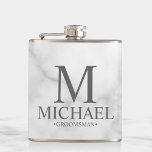 Elegant White Marble Personalized Groomsmen Hip Flask<br><div class="desc">Classy Elegant White Marble Personalized Groomsmen Gifts
featuring personalized monogram,  groomsman's name and title in classic serif font style on white marble background.

Also perfect for Best Man,  Father of the Bride and more.</div>