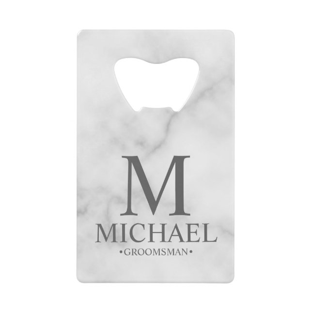 Elegant White Marble Personalized Groomsmen Wallet Bottle Opener (Front)