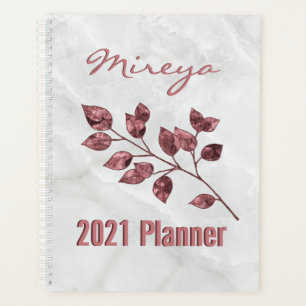Elegant White Marble Pink Foil Leaves Personalized Planner