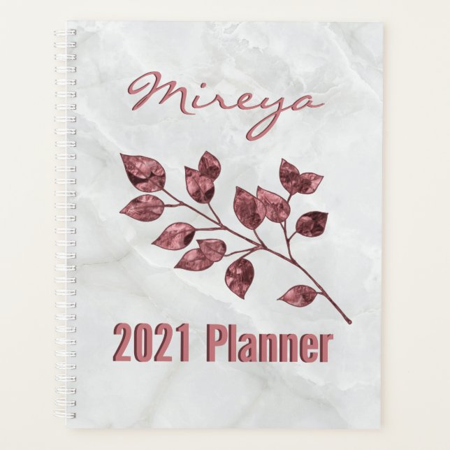 Elegant White Marble Pink Foil Leaves Personalized Planner (Front)