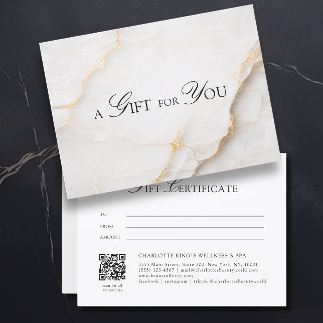 Elegant White Marble QR Code Gift Certificate (A Gift for You! White Gold Marble QR Code Gift Certificate)