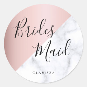 Elegant white marble & rose gold bridesmaid classic round sticker