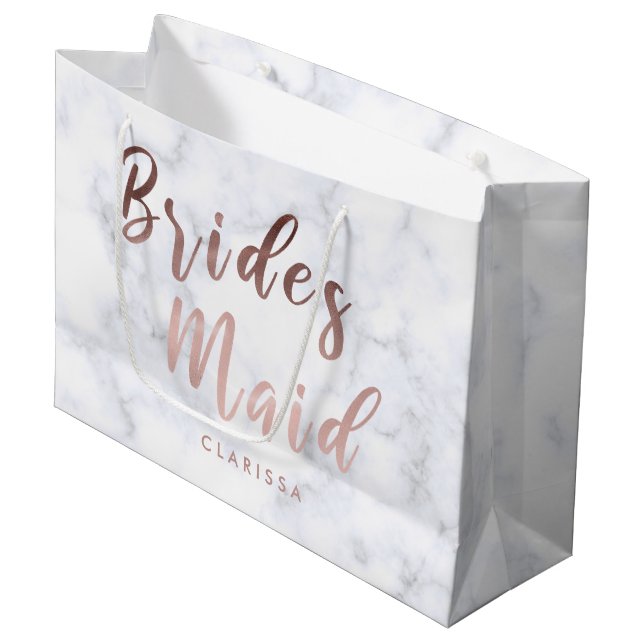 Elegant white marble & rose gold bridesmaid large gift bag (Front Angled)