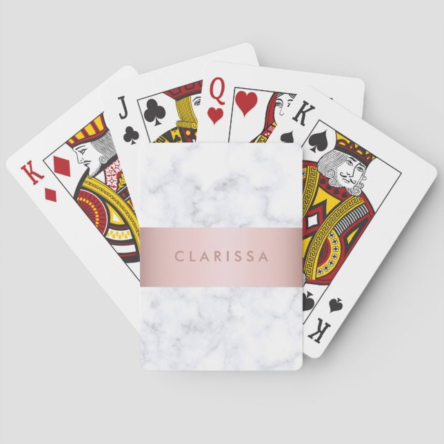 elegant white marble rose gold faux strip playing cards (Back)