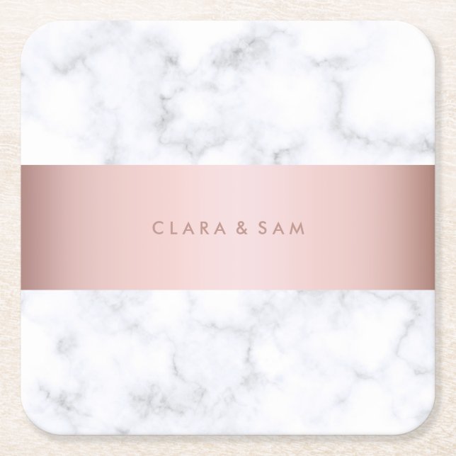 elegant white marble rose gold faux strip square paper coaster (Front)