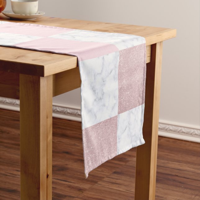 Elegant white marble & rose gold glitter chequered short table runner (In Situ)