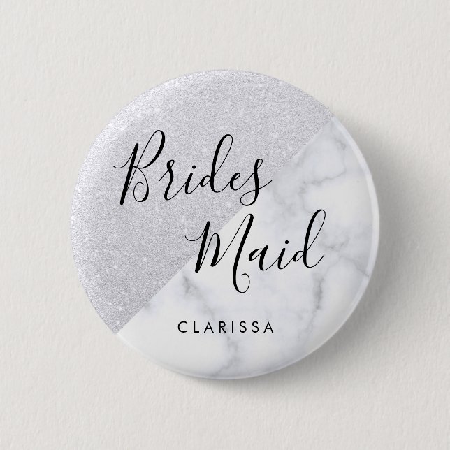 Elegant white marble & silver glitter bridesmaid 2 inch round button (Front)