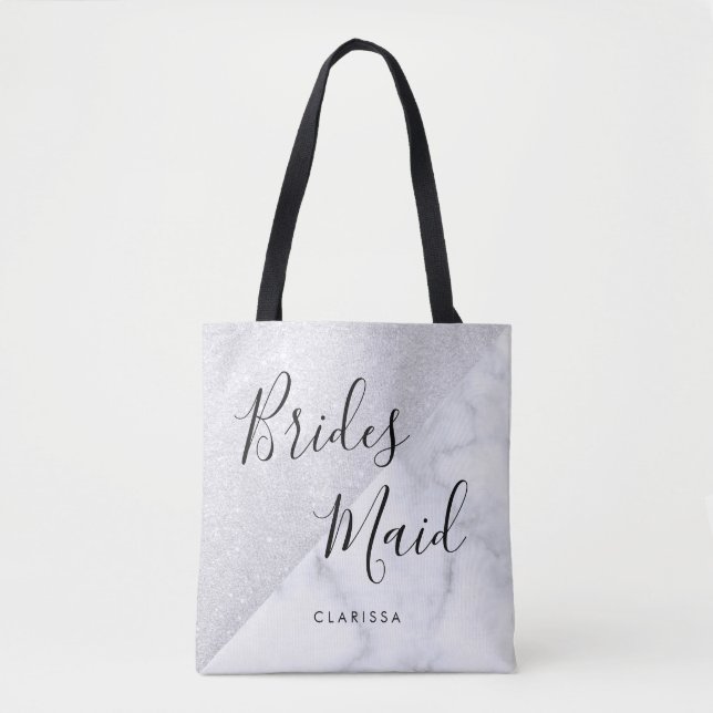 Elegant white marble & silver glitter bridesmaid tote bag (Front)