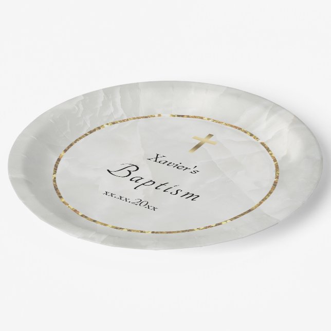 elegant white marble stone Baptism Paper Plate (Angled)