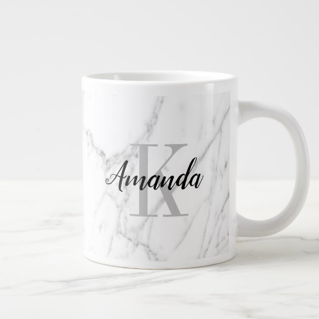 Elegant white marble stone monogram big large size large coffee mug (Right)