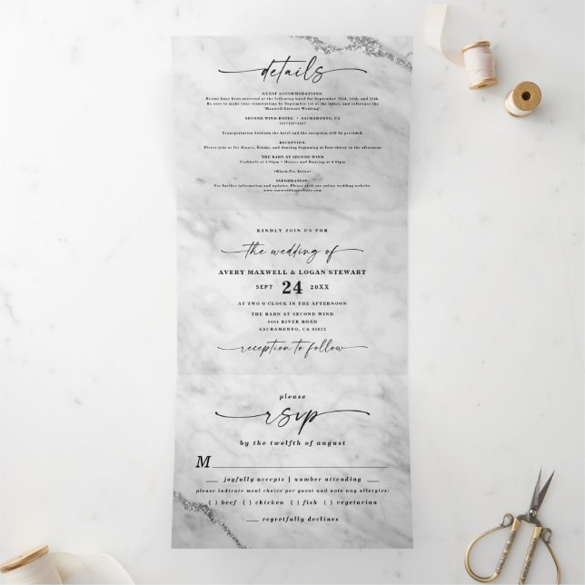 Elegant White Marble with Silver Foil Wedding Tri-Fold Invitation (Inside)