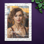 Elegant White Mathematics Script Photo Graduation Announcement<br><div class="desc">Elegant black and white graduation photo announcement with a mathematics background. Perfect for math lovers or those pursuing or graduation from a technical career. Illustrated and designed by Patricia Alvarez.</div>