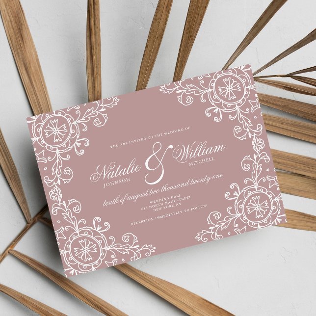 Elegant white mauve pink floral ornament wedding  invitation (Elegant white mauve pink floral ornament wedding )