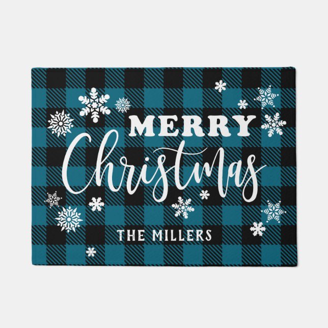 Elegant White Merry Christmas Black & Blue Plaid Doormat (Front)