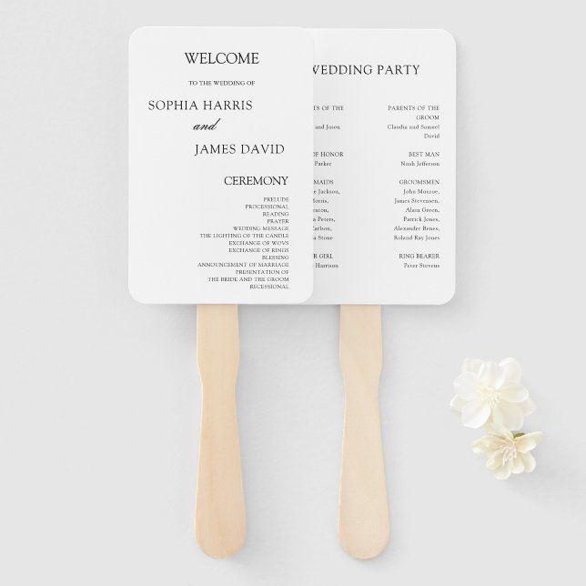 Elegant White Minimalist Wedding Programs Hand Fan (Front and Back)
