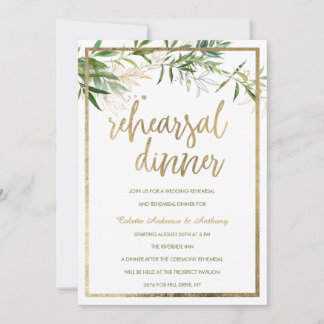 Elegant white mint gold foliage Rehearsal Dinner Invitation