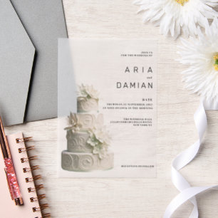 Elegant white mint green floral cake Wedding Vellum Invitations