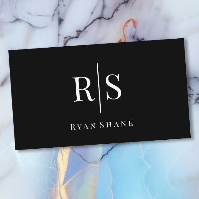 Elegant White Monogram & Name, Black & Silver Business Card (Creator Uploaded)