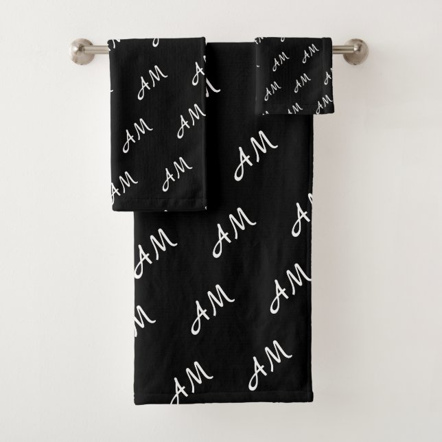 Elegant White Monogram on Black Bath Towel Set (Insitu)