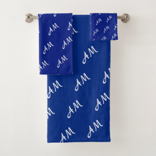 Elegant White Monogram on Blue Bath Towel Set