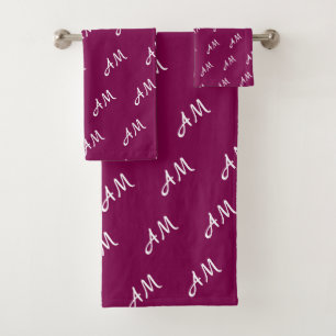 Elegant White Monogram on Maroon Bath Towel Set