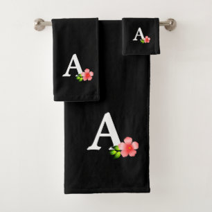 Elegant white monogram with pink flower on black bath towel set