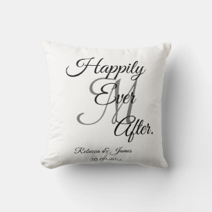 Elegant White Monogrammed Happily Ever After Throw Pillow