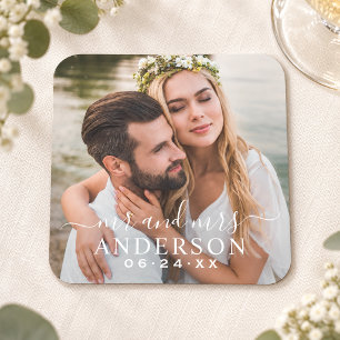 Elegant White Mr and Mrs Photo Wedding Square Paper Coaster
