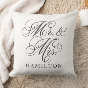 Elegant White Mr and Mrs Script Custom Monogram Throw Pillow