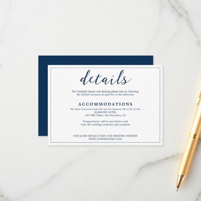 Elegant White & Navy Blue Border Script Wedding Enclosure Card (Front/Back In Situ)