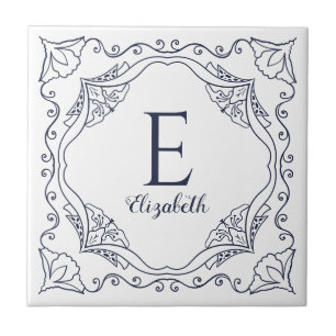 Elegant White Navy Blue Decorative Name Monogram Tile