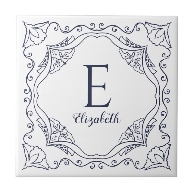 Elegant White Navy Blue Decorative Name Monogram Tile (Front)