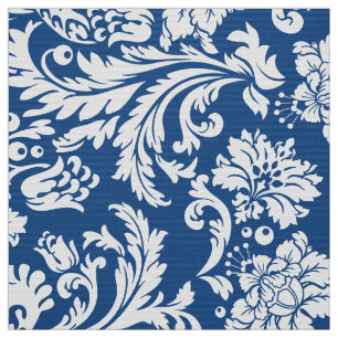 Elegant White & Navy Blue Floral Damasks Fabric